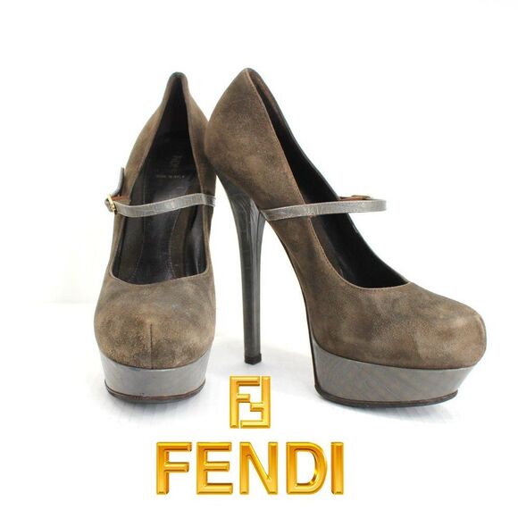 Fendi Shoes - Fendi Olive Suede Croc Platform Pumps Ankle Strap Mary Jane Stiletto Heels 40